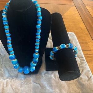 Blue Beaded Necklace Bracelet Set Artisan Statement Jewelry